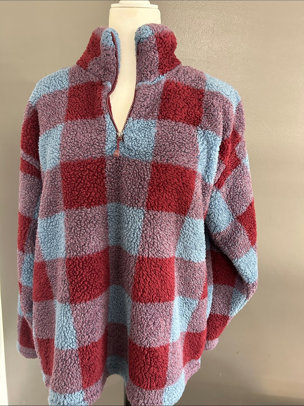 Eddie Bauer Cozy Sherpa Half-Zip Pullover - Red & Light Blue Check